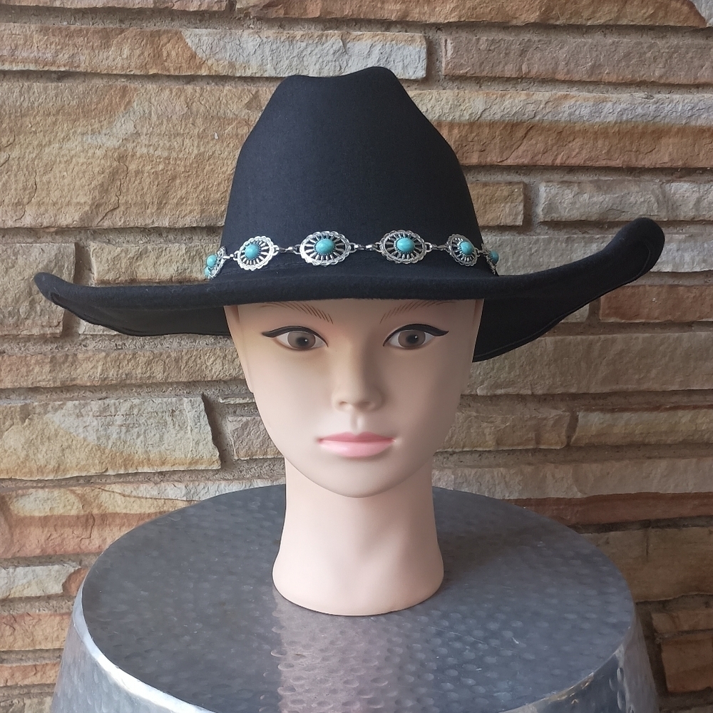 NWT Frye Black Cowboy Style Hat with Turquoise Detailed Band